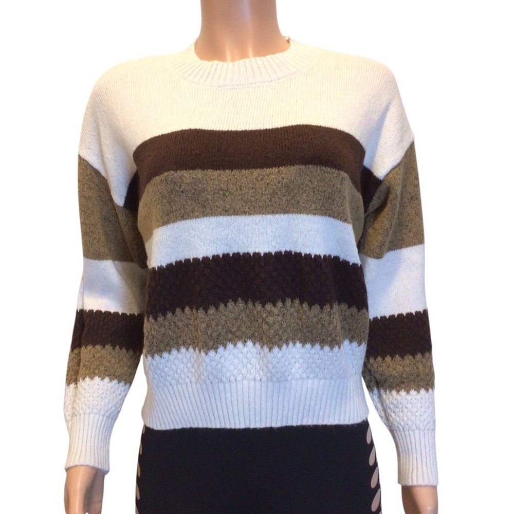 Sienna Sage Women’s Sweater Size M Brown White Green Striped Textured Knit Cozy